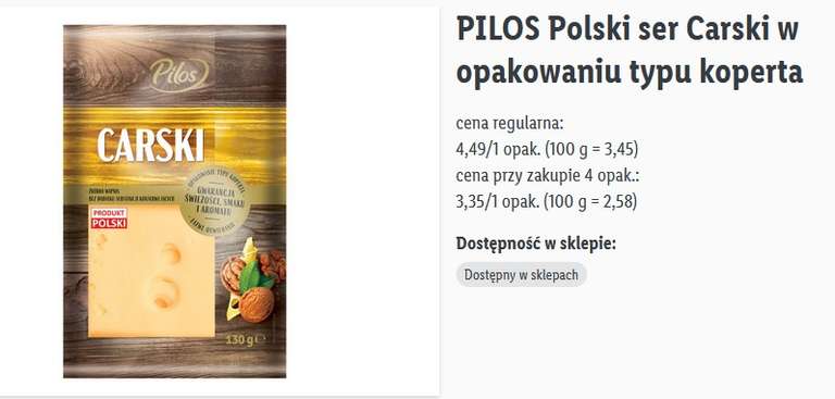 Ser zółty Carski PILOS w opakowaniach 130g 3+1 Gratis (25,80 zł za 1 kg) Lidl