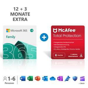 Microsoft 365 Family 15 miesięcy + McAfee Total Protection | 6 użytkowników + 10 euro