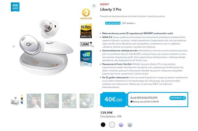 Słuchawki Soundcore by Anker Liberty 3 Pro za 99,99 euro z dostawą /białe i srebrne/