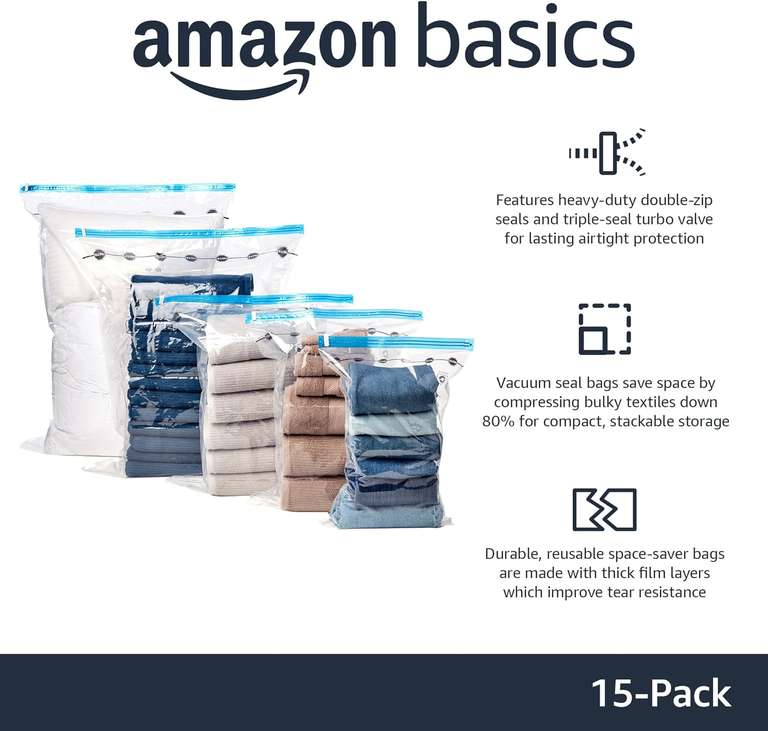 Zestaw 15 sztuk Amazon Basics Worki próżniowe do przechowywania, z pompką. Inne w opisie