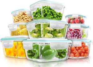 KICHLY zestaw 9 szklanych pojemników do żywności, z przezroczystymi pokrywkami, do zmywarki, mikrofalówki i zamrażarki, szczelne i bez BPA