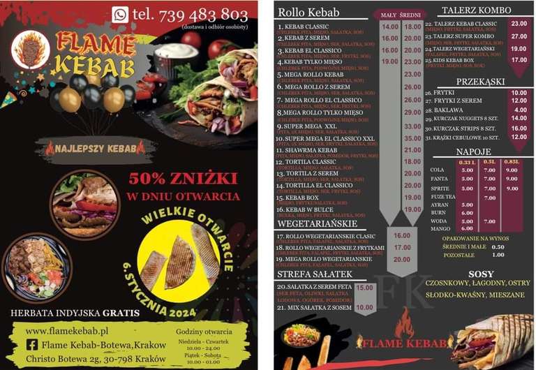 50% zniżki na całe menu z okazji otwarcia Flame Kebab w Krakowie