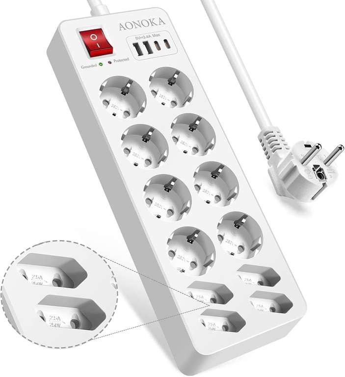 Listwa zasilająca przeciwprzepięciowa 12 gniazd AC + 2x USB-C + 2x USB-A, z wyłącznikiem, możliwość montażu ściennego, 1,5m, 4000W/16A