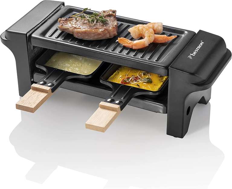 Bestron ARG150BW, Raclette mini grill stołowy z dwoma patelniami, dwoma drewnianymi skrobaczkami i dwiema podstawkami, 350 W, kolor: czarny