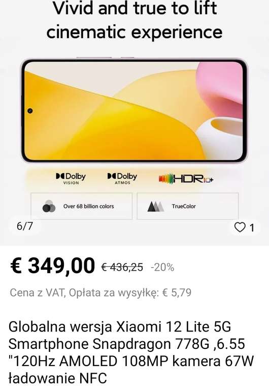 Smartfon Xiaomi 12 lite 6.55 "120Hz AMOLED 108MP 67W snap778G @ 349EUR z Hiszpanii