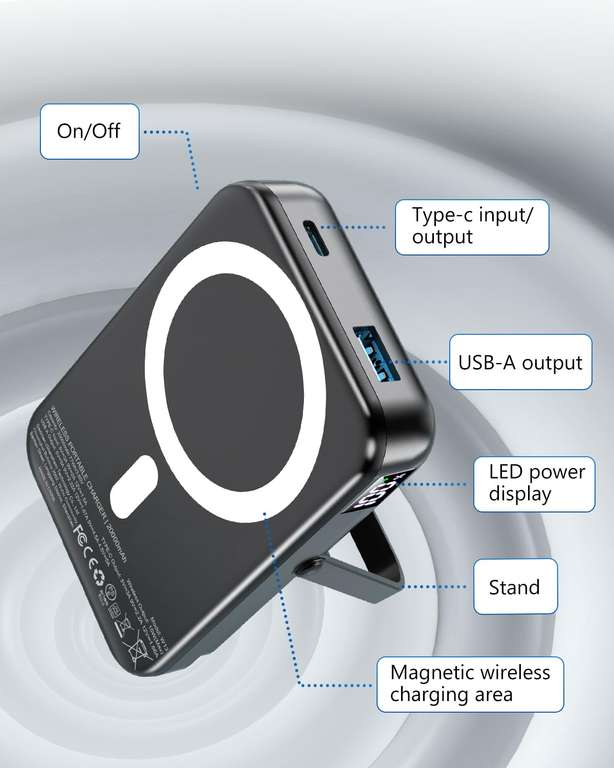 Gxorul Power Bank, magnetyczny powerbank 20 000 mAh, PD 22,5 W, szybkie ładowanie, z wejściem USB C, do iPhone 15/14/13/12