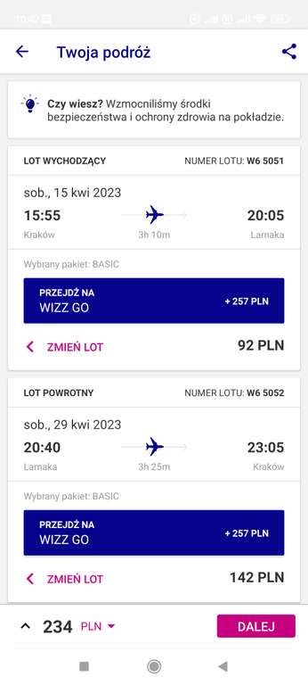 Lot Kraków Cypr Larnaka kwiecień 2023