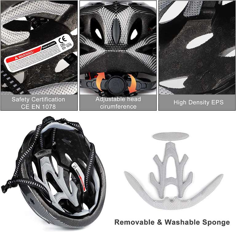 RaMokey Kask rowerowy, lekki, regulowany, na rower, dla dorosłych, 18 otworów wentylacyjnych z regulowanym paskiem, 58–62 cm