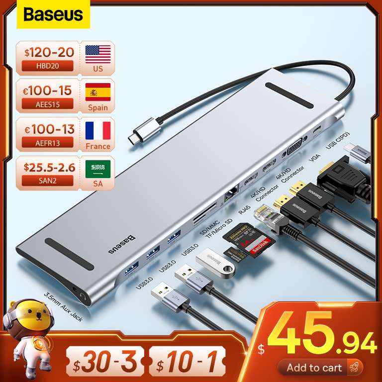 Hub Baseus 11 w 1, USB C (VGA, RJ45, SD, TF, 2x HDMI, PD, USB 3.0, 3.5mm Jack) $27.96