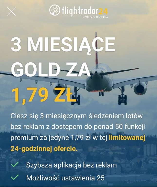 Flightradar24 pakiet GOLD na 3 miesiące, aplikacja do monitorowania ruchu samolotów w czasie rzeczywistym