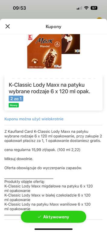 K-classic lody maxx na patyku 120 ml x 6 kaufland