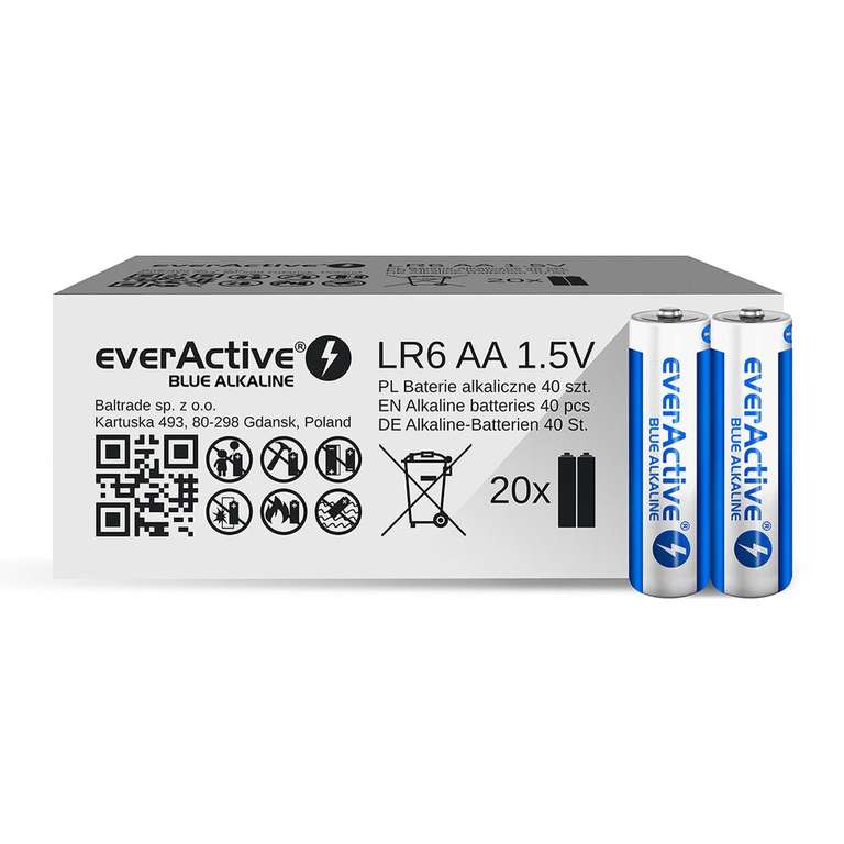 Baterie alkaliczne everActive Blue Alkaline/Industrial AA (80 sztuk, zgrzewki po 2 szt) - kupon sprzedawcy -10 zł - 0,52 zł/sztuka