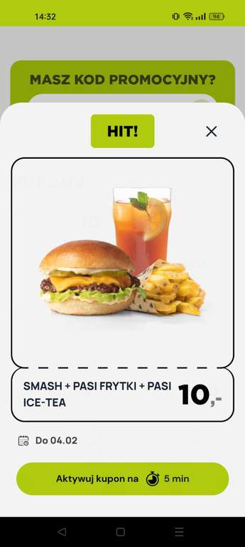Pasibus: burger + frytki + icetea (oferta w aplikacji)