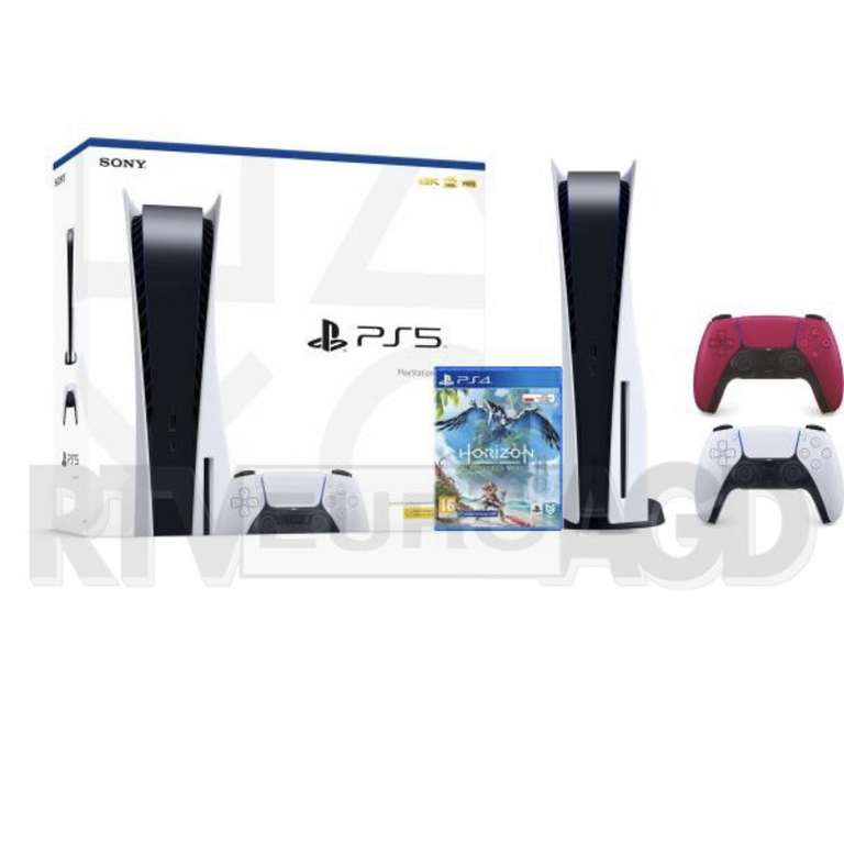 PlayStation 5 z czerwonym padem oraz grą Horizon