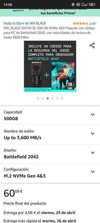 WD_BLACK SN750 SE 500 GB NVMe SSD + Battlefield 2042 59,65 EUR