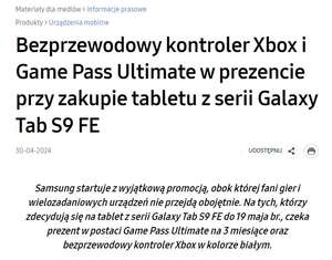 Darmowy kontroler Xbox i Game Pass Ultimate w prezencie przy zakupie tabletu Samsung Galaxy S9 FE/S9 FE+