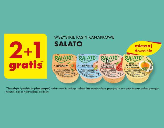 Wszystkie pasty sałatkowe SALATO 2+1 gratis @ Biedronka