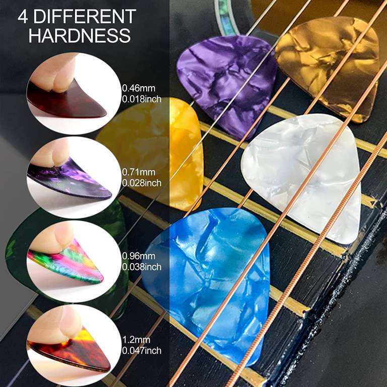 Kostki gitarowe Redamancy 32 szt. (lub do otwierania elektroniki :D), 4 różne grubości (w tym 0,46 mm, 0,71 mm, 0,96 mm, 1,2 mm) @ Amazon