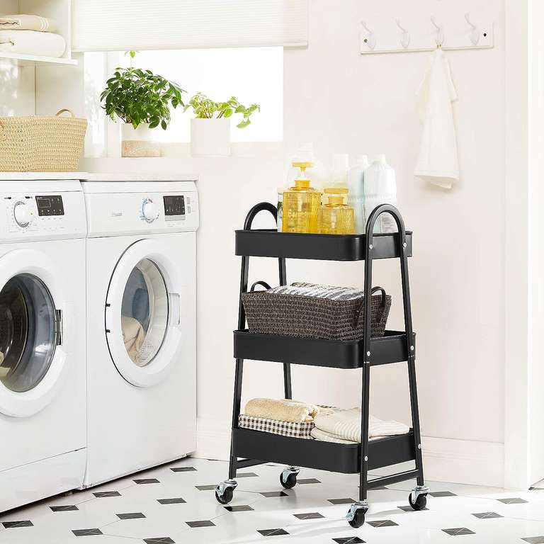 SONGMICS Wózek z 3 poziomami, metalowy wózek kuchenny do serwowania, z uchwytami, 2 hamulce, łatwy montaż, sypialnia, pralnia, czarny