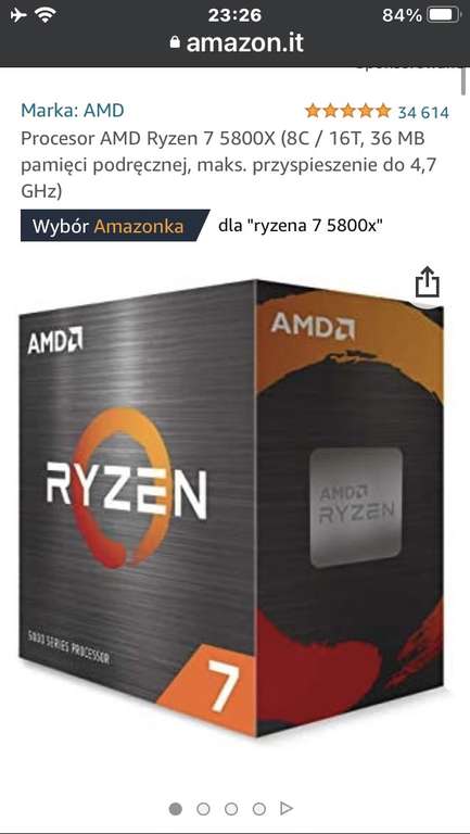 Procesor AMD Ryzen 7 5800X (8C / 16T, 36 MB pamięci podręcznej, maks. przyspieszenie do 4,7 GHz), EUR 293,04