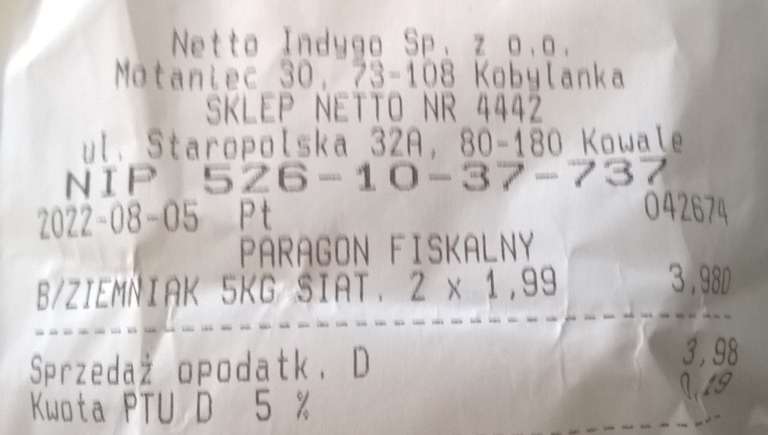 Ziemniaki 5KG (40 groszy za kg) Kowale k/ Gdańska - Netto