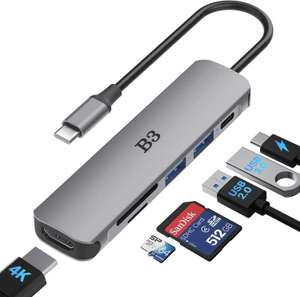 B3 BIGTHREE | Hub USB-C, 6 w 1, z Wejściem 4K@30Hz,55W PD,USB 3.0 & 2.0 Czytnikiem Kart SD i TF