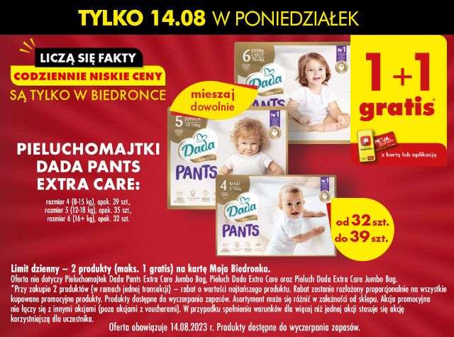 Pieluchomajtki Dada Pants Extra Care 1+1 gratis (tylko 14.08) Biedronka