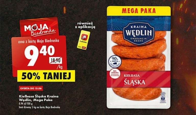 Kiełbasa śląska Mega Paka 90% mięsa, cena za kg @Biedronka