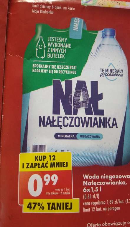 Woda mineralna Nałęczowianka 1,5l(niegazowana,delikatnie gazowana) przy zakupie 2 zgrzewek/0,99 zł za sztukę w Biedronce