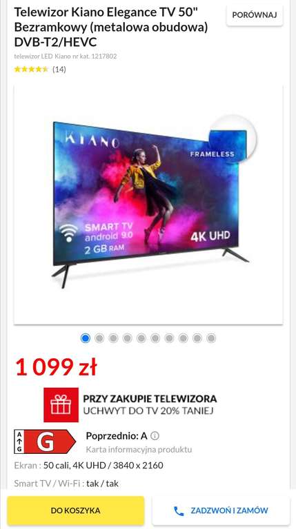Kiano Elegance TV 50" (metalowa obudowa) Android TV 9.0 DVB-T2/HEVC/możliwe 849PLN