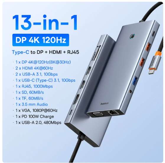 Baseus USB Type C to HDMI-Compatible HUB Adapter 13-In-1 DP 4K 60Hz 120Hz RJ45 VGA Converter PD 100W USB 3.0 2.0 For Macbook PC - $45.68