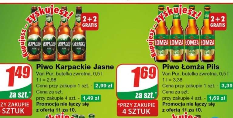 Piwo Karpackie Jasne 2+2 gratis za 1,49zł i Łomża Pils 2+2 gratis za 1,69zł