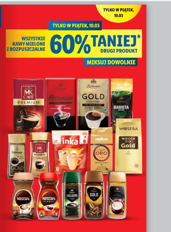 Kawy mielone i rozpuszczalne WSZYTSKIE W LIDLU -60% 2gi produkt