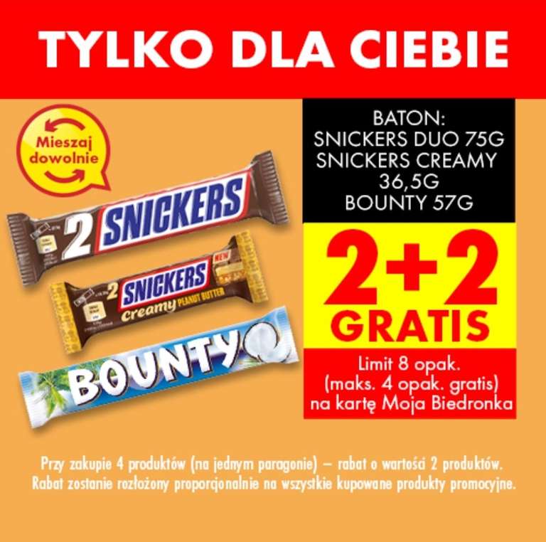 Batony Snickers oraz Bounty 2+2 gratis - Biedronka