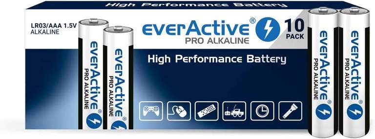 Baterie everActive AAA, Pro alkaliczne, sprawdzona seria, trwałość 10 lat - 10 sztuk - darmowa dostawa PRIME