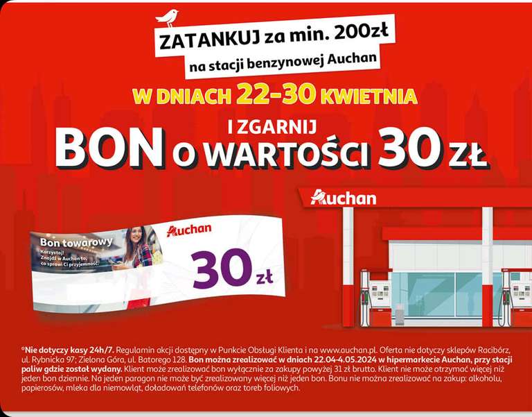 Bon Auchan 30 zł za 200 zł wydane na paliwo na stacjach Auchan