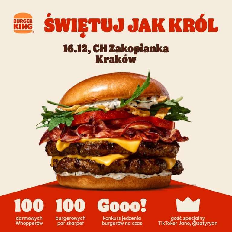 Otwarcie Burger King, Kraków CH Zakopianka | 100 darmowych whooperów i 100 burgerowych par skarpet za darmo