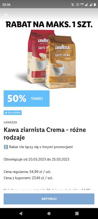 Lidl plus dodatkowe kupony na dawno nieużywanych kontach (np.kawa Lavazza Crema 1kg 50% taniej)