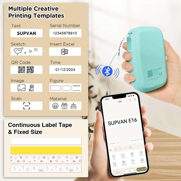 SUPVAN Katasymbol mini drukarka etykiet – E16 Bluetooth, z 1 rolką 15 mm x 6 m, do systemów iOS i Android