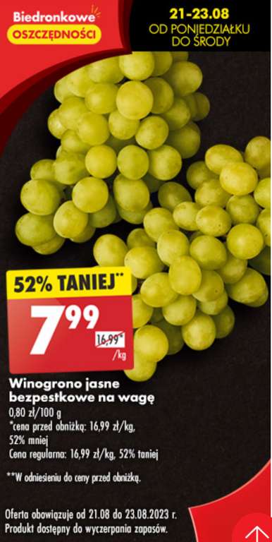 Winogrono jasne bezpestkowe na wagę 1kg @Biedronka