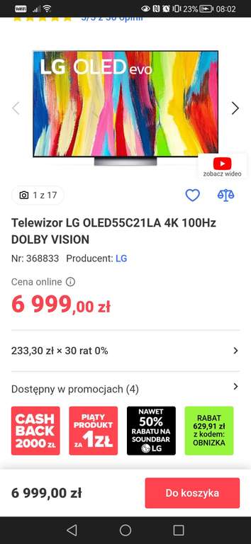 Telewizor LG OLED55C21LA + cashback 2000zł