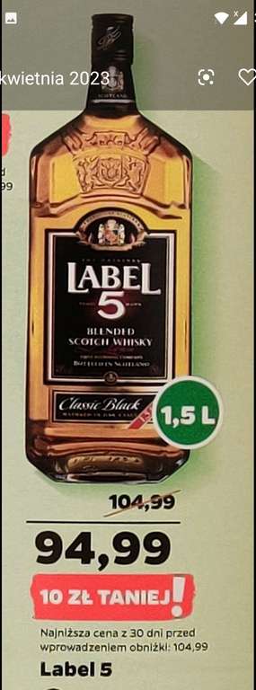 Szkocka whisky ( MOONSHINE RUNNERS Prohibition Edition 40% o objętości 0,7L - 55,99zł lub LABEL 5 40% w butelce 1,5L - 94,99zł ). NETTO