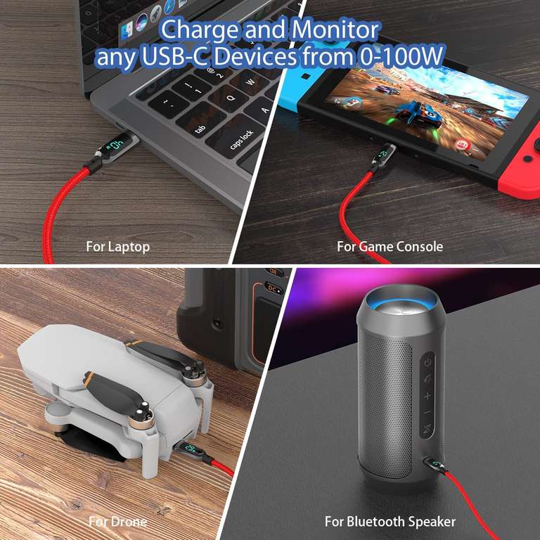 SOOPii Kabel USB C na USB C, 3 m, nylonowy, 100 W PD kabel do szybkiego ładowania z wyświetlaczem LED - czerwony - 2 sztuki
