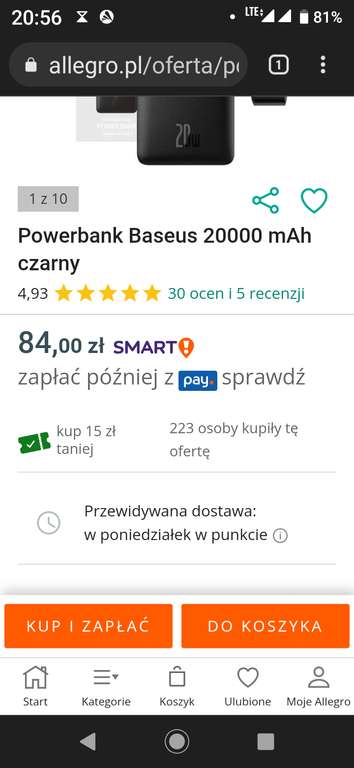 Powerbank Baseus 20 W 20 Ah na allegro z oficjalnego sklepu Baseus, przy zakupie (z kuponem) 2 sztuk za powyżej 40 zł rabat na 15 zł
