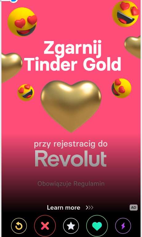 Tinder gold 3 msc za rejestrację na Revolut dla nowych