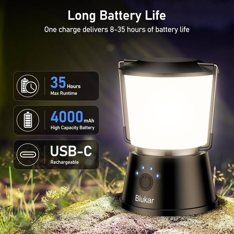 Blukar ładowana lampa kempingowa LED 360°, 5 trybów świecenia, USB-C, 4000 mAh, do namiotu i awaryjnie