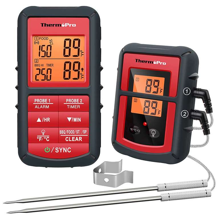 ThermoPro TP08C Cyfrowy termometr kuchenny, połączenie radiowe, do mięsa, z 2 czujnikami, zegar kuchenny do grillowania i gotowania