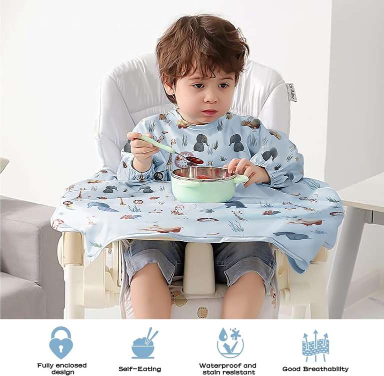Vicloon Śliniak z rękawami dla niemowląt, można przymocować do wysokiego krzesełka, Wodoodporny 6-36 msc. W tej cenie niebieski i różowy