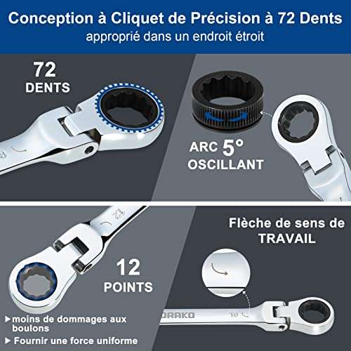 [Amazon.fr] SORAKO 12 sztuk klucze z grzechotką na zawiasach 8-19mm
