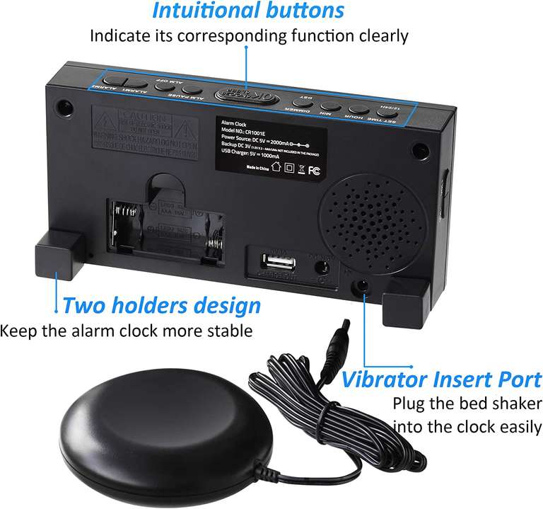 Mesqool Głośny budzik wibracyjny z funkcją drzemki dla osób niedosłyszących, podwójny alarm, ładowarka USB, duży wyświetlacz, drzemka,